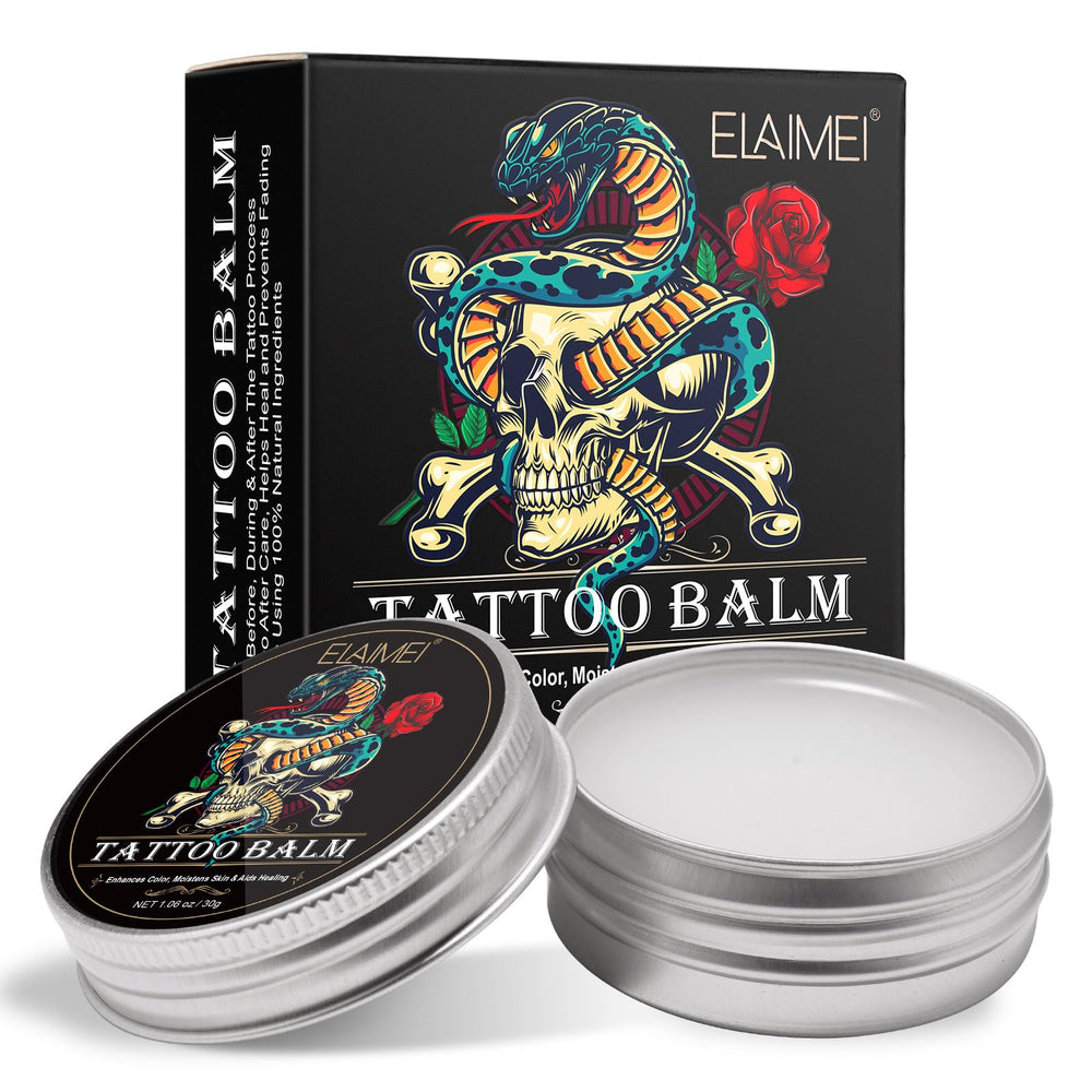 AUSTINE Tattoo Aftercare Butter label close-up, highlighting natural ingredients for gentle healing.