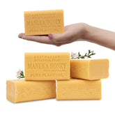 Australian Botanical Soap Manuka Honey with Jojoba Bar closeup showing creamy lather for daily cleansing.