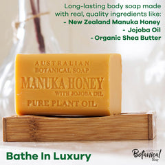Australian Botanical Soap Manuka Honey with Jojoba Bar slice reveals rich texture and honey infusion.
