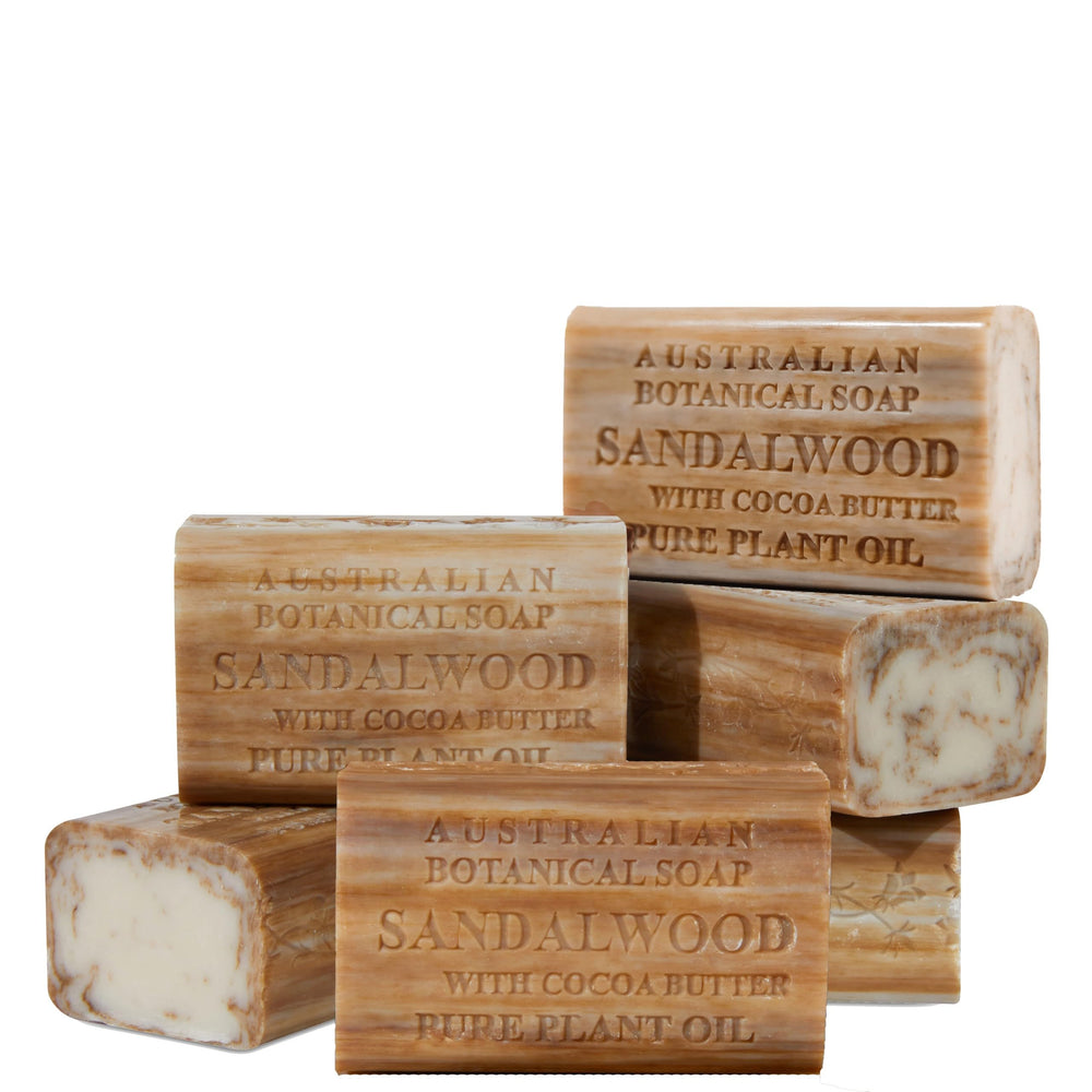 Australian Botanical Soap sandalwood bar close-up with creamy lather for daily cleansing.