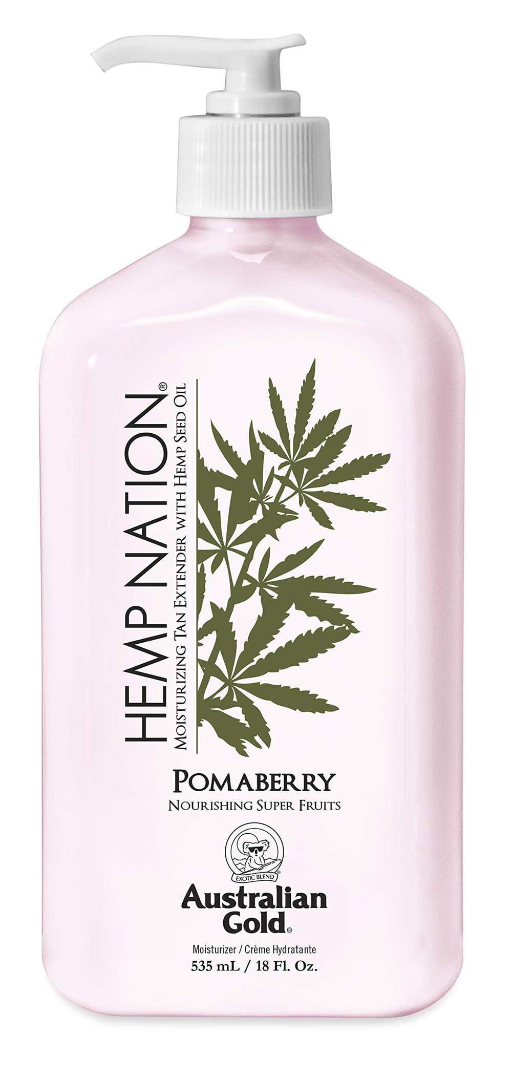 Australian Gold Hemp Nation tan extender with Pomaberry scent for long-lasting hydration and tan protection.