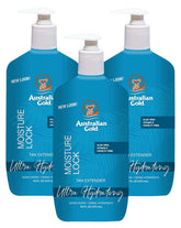 Australian Gold Moist Lock Tan Extender bottle pump highlights extended tan and hydration benefits.