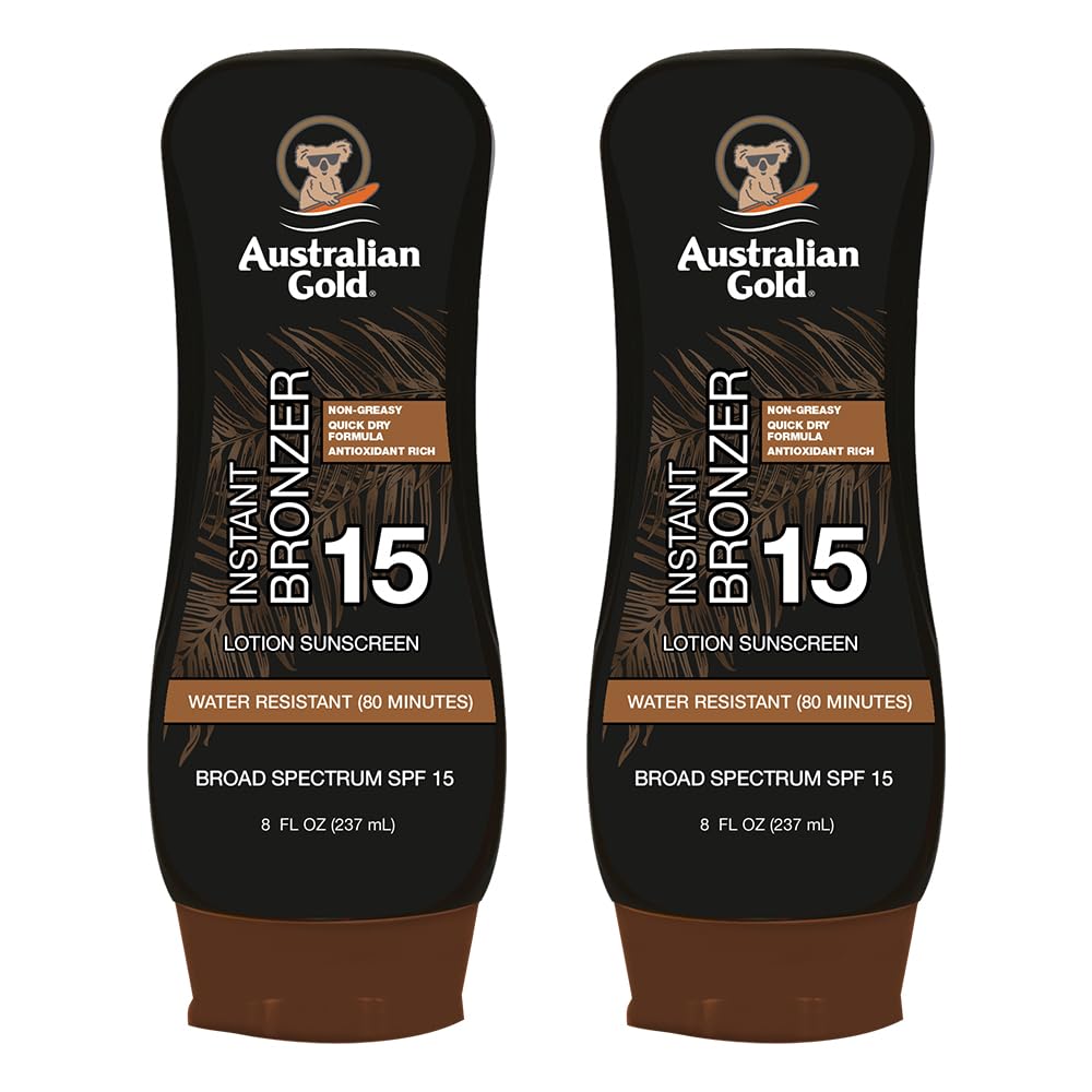 Australian Gold SPF 15 Lotion Bronzer twin-pack bottle close-up with instant bronze tint