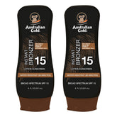 Australian Gold SPF 15 Lotion Bronzer twin-pack bottle close-up with instant bronze tint
