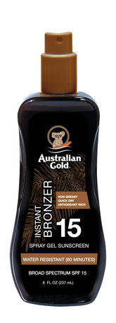 Australian Gold spray gel bronzer bottle for instant glow and hydration