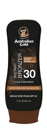 Australian Gold Sunscreen Lotion with Instant Bronzer bottle showing tinted glow and protection