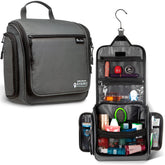 AvaJex travel bag hanging setup showing easy access in hotel bathroom