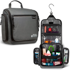 AvaJex travel bag hanging setup showing easy access in hotel bathroom