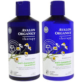 Avalon Organics anti-dandruff shampoo bottle on bathroom shelf suggesting a refreshing cleanse and flake control.