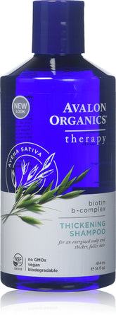 Avalon Organics Biotin B-Complex Thickening Shampoo bottle nourishes scalp for fuller hair.