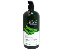 Avalon Organics hand and body lotion aloe unscented pump 32oz supports daily hydration.
