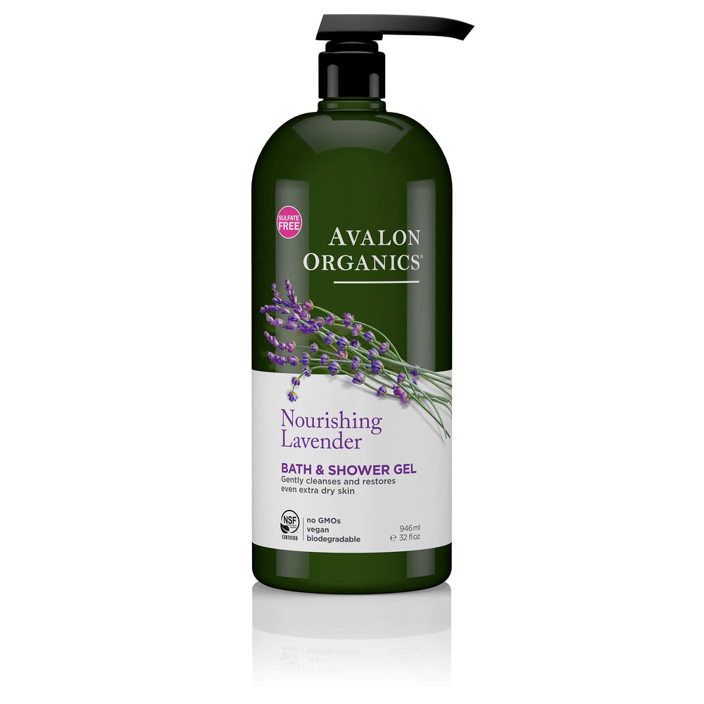 Avalon Organics Lavender Bath and Shower Gel label highlights organic lavender for a calming cleanse