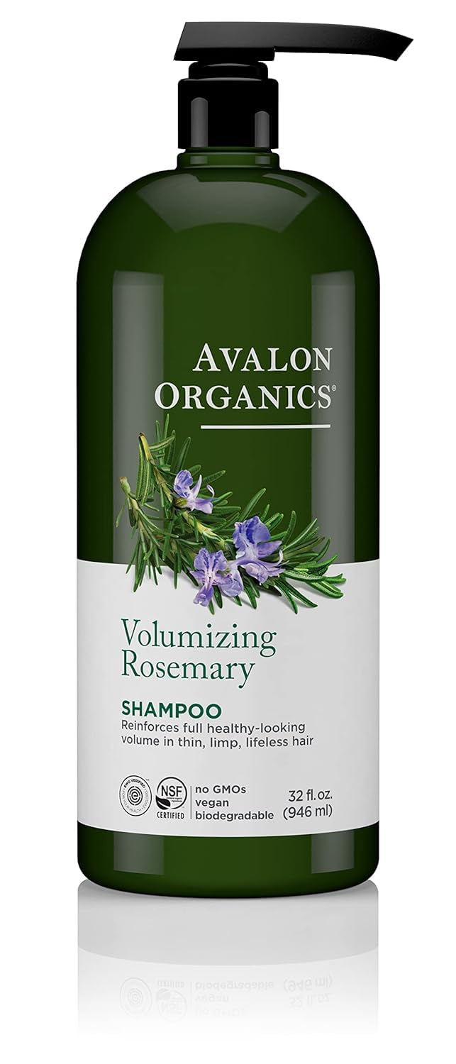 Avalon Organics Rosemary Shampoo bottle showing vegan formula for volumizing fine hair