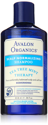 Avalon Organics Tea Tree Mint Shampoo bottle highlighting clean scalp and natural shine.