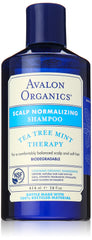 Avalon Organics Tea Tree Mint Shampoo bottle highlighting clean scalp and natural shine.