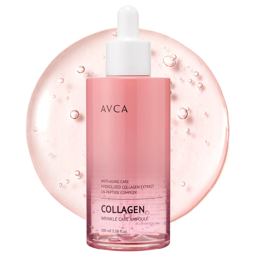 AVCA collagen serum bottle close-up emphasizing firming hydration