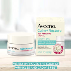 Close-up of Aveeno Calm and Restore Eye Gel jar showing smoothing texture.