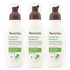 Aveeno Clear Complexion foaming cleanser bottle shows an oil-free formula for breakout-prone skin.