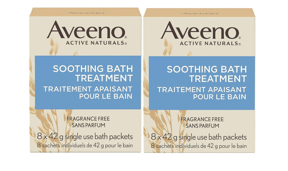 Aveeno fragrance-free bath treatment packaging showing 2-pack convenience for gentle skin care.