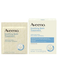 Single-use packets from Aveeno dissolve smoothly in bath water for quick soothing exposure.