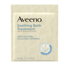 Aveeno fragrance-free colloidal oatmeal powder ready to disperse in warm bath.