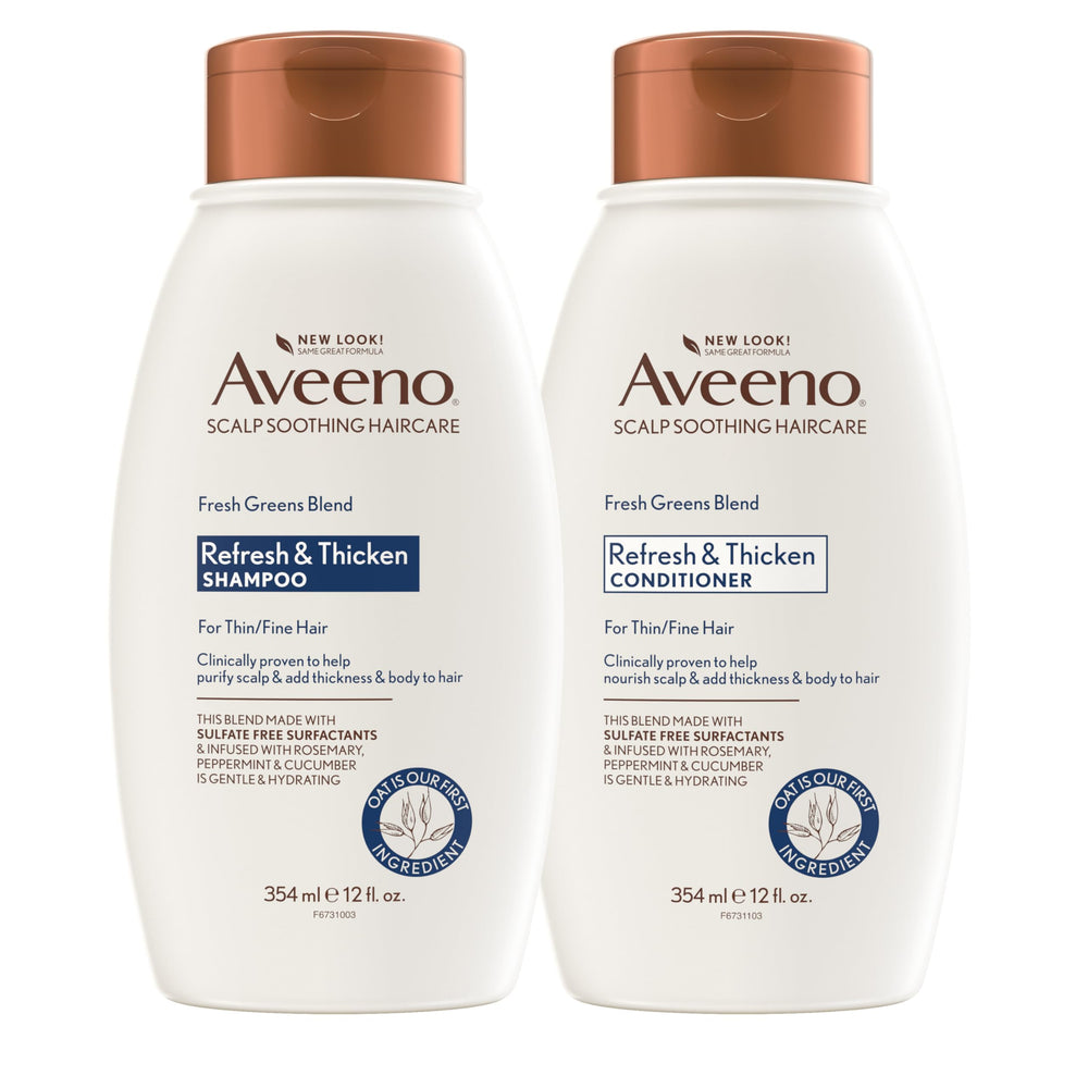 Aveeno Fresh Greens shampoo bottle with rosemary and peppermint for volumizing cleansing.