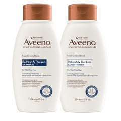 Aveeno Fresh Greens shampoo bottle with rosemary and peppermint for volumizing cleansing.