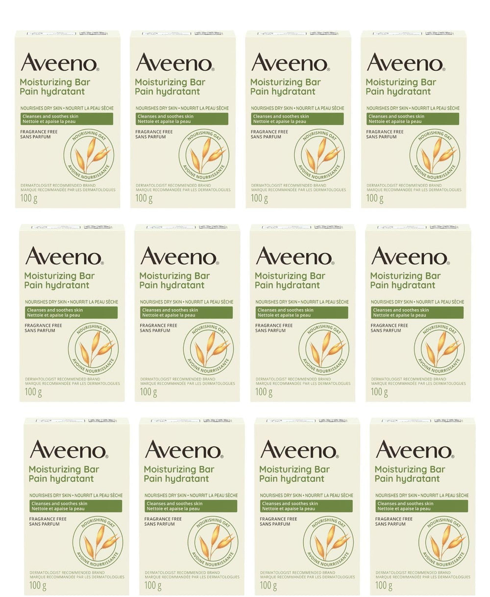 Aveeno Naturals Moisturizing Bar 12-pack front view showing compact packaging for daily use