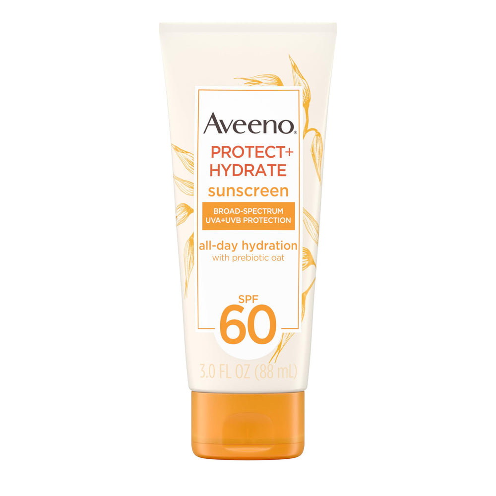 Aveeno Protect + Hydrate SPF 60 bottle delivers daily moisture and sun protection.