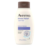 Aveeno Stress Relief Body Wash bottle showing calming cleansing for sensitive skin.