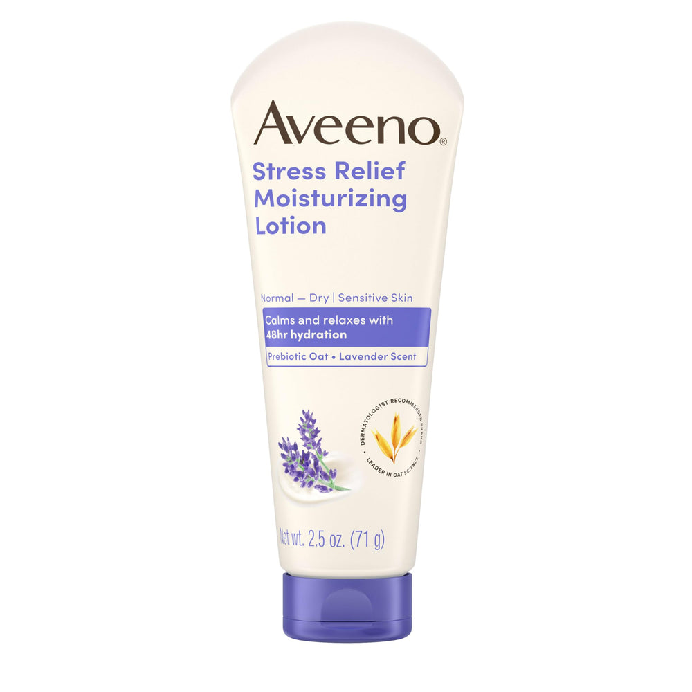 Aveeno Stress Relief lotion with lavender scent tube showing calming use case
