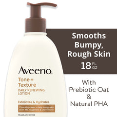 Aveeno Tone + Texture lotion front view hydrates dry skin all day.