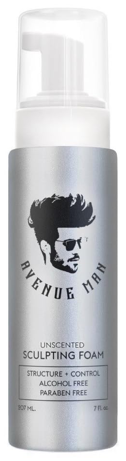 Avenue Man Unscented Sculpting Foam bottle shows fragrance-free formula for clean, flexible hold.