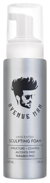 Avenue Man Unscented Sculpting Foam bottle shows fragrance-free formula for clean, flexible hold.