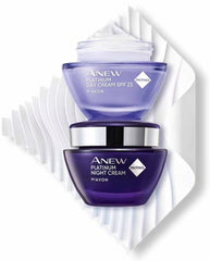 AVON Anew Platinum Day Cream bottle showing immediate hydration for radiant skin.