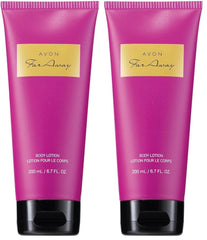 AVON Far Away Liberating body lotion, pack of 2, softly nourishes skin and leaves a light fragrance.