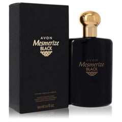 Avon Mesmerize Black for Men bottle close-up, highlighting a bold, enduring scent.