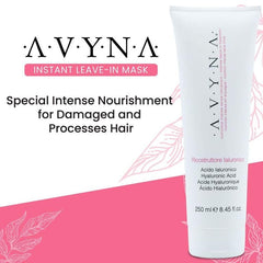 Avyna cream texture close-up highlighting hyaluronic acid nourishment for damaged hair.