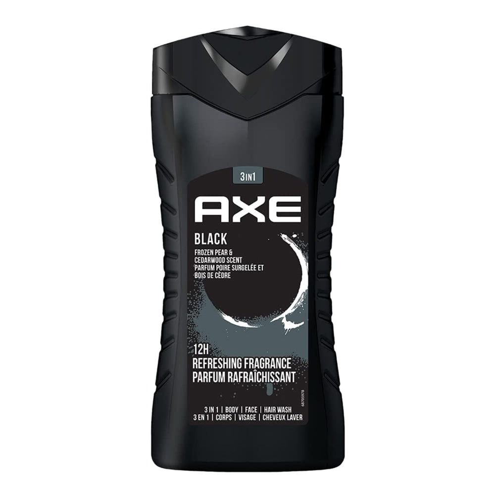 AXE Black bottle front view with Frozen Pear & Cedarwood scent for refreshing mornings.