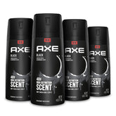 AXE Black body spray bottle shows frozen pear and cedarwood for lasting freshness.