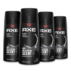 AXE Black body spray bottle shows frozen pear and cedarwood for lasting freshness.