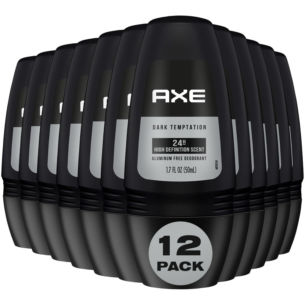 AXE Dark Temptation roll-on bottle closeup with aluminum-free formula for lasting freshness.