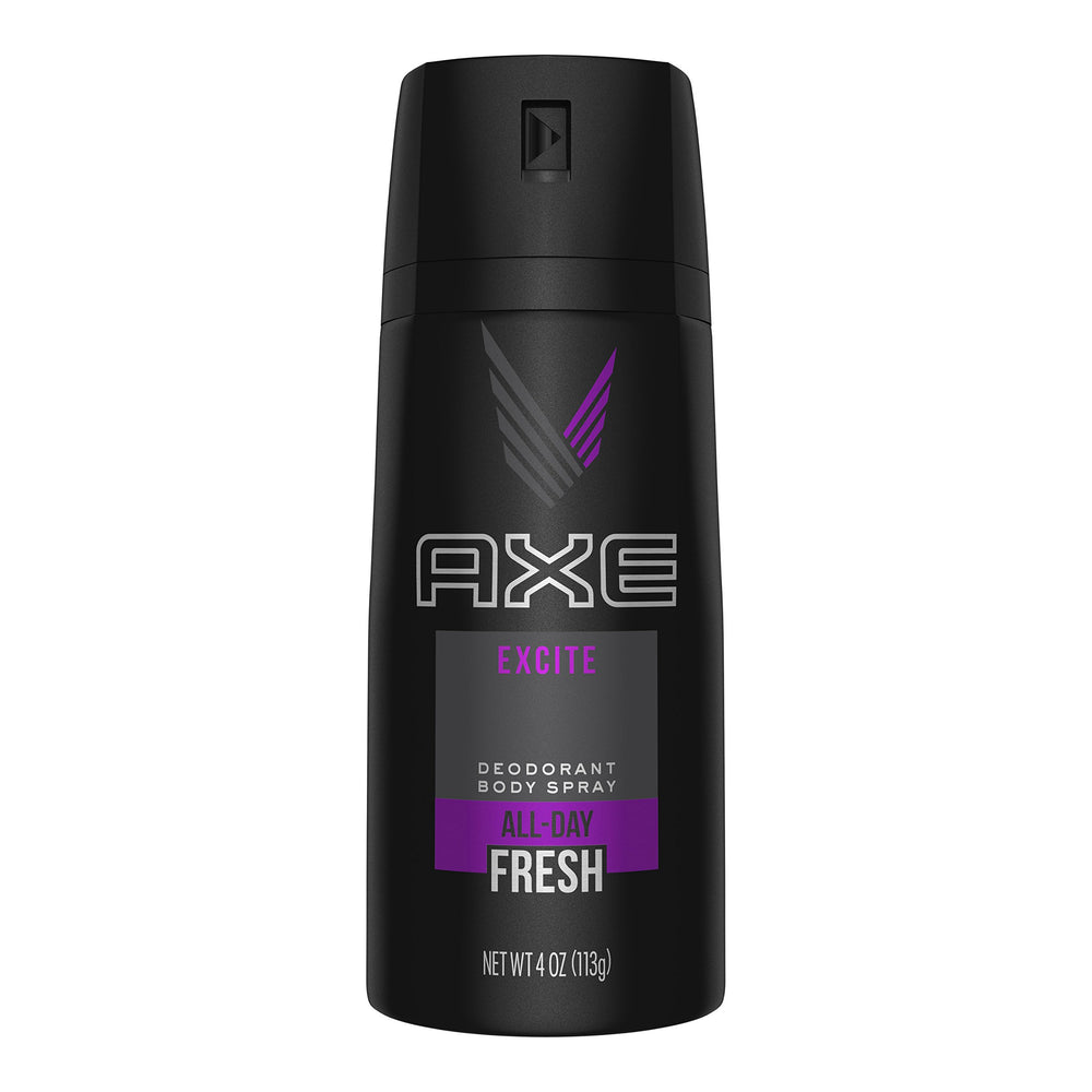AXE Excite bottle cap closeup showing compact 4 oz size for on-the-go freshness.