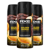 AXE Golden Mango deodorant spray 3-pack delivers long-lasting freshness.