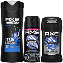 AXE Phoenix 2-in-1 bottle—cleans hair and softens for quick refresh.