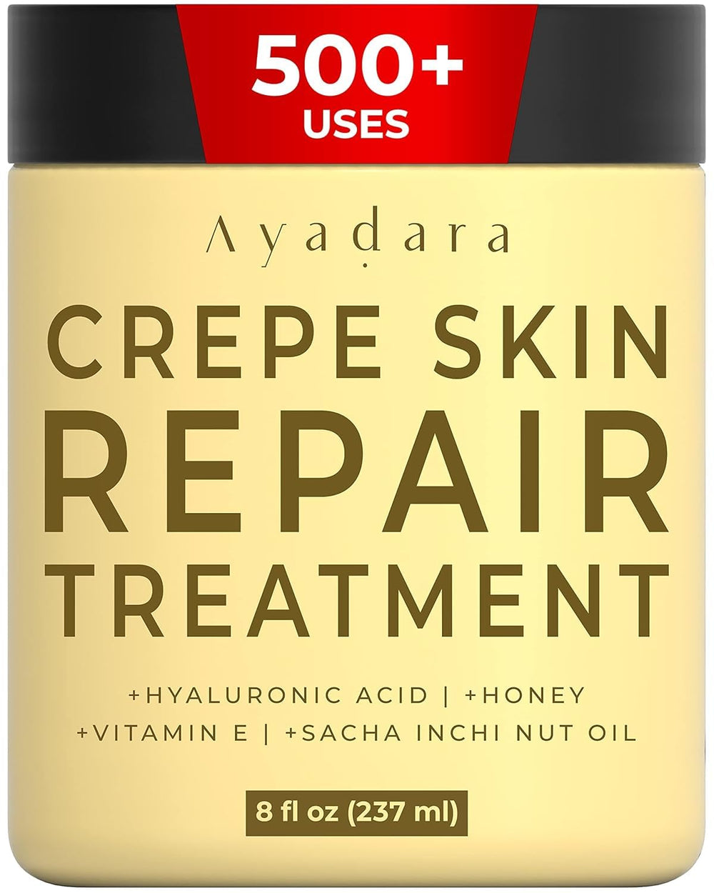 AYADARA Crepey Skin Repair Cream bottle highlights premium packaging for body tightening.