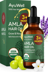 Ayuwell Ayurvedic hair oil bottle close-up showing organic formula for nourished scalp.