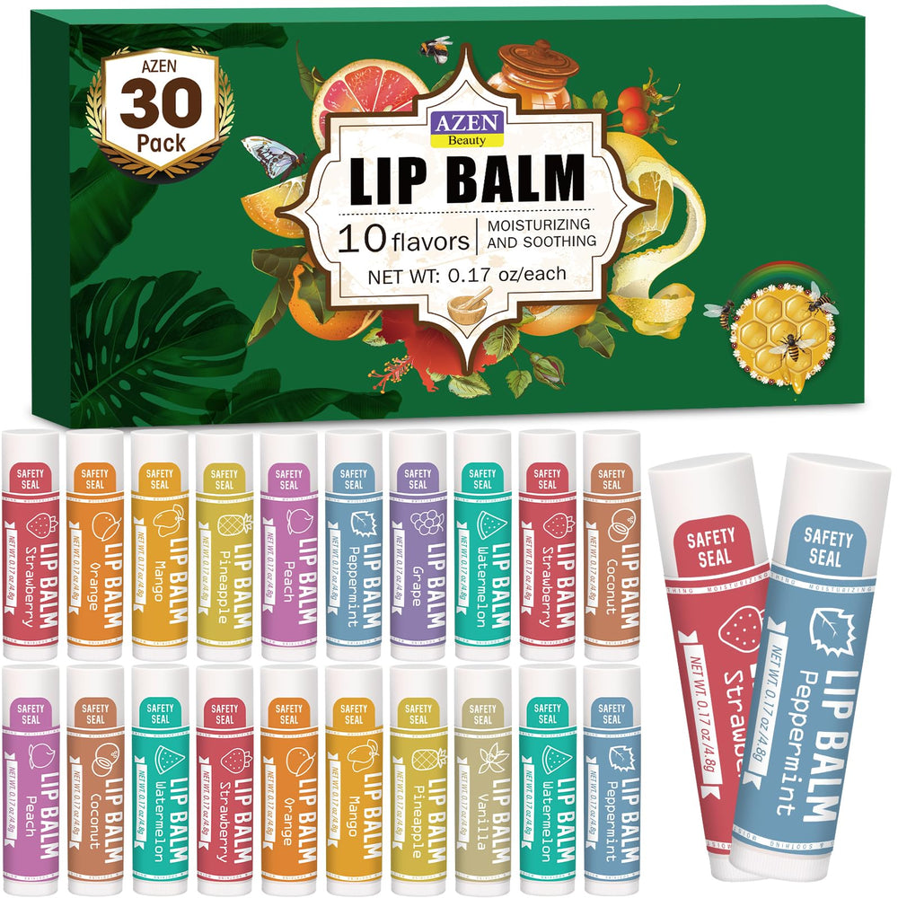 AZEN lip balm collection with 10 flavors for daily moisture and soft lips.