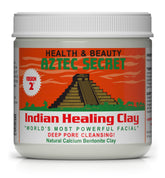 Aztec Secret Indian Healing Clay bottle closeup highlighting deep pore cleansing potential.