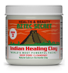 Aztec Secret Indian Healing Clay bottle closeup highlighting deep pore cleansing potential.